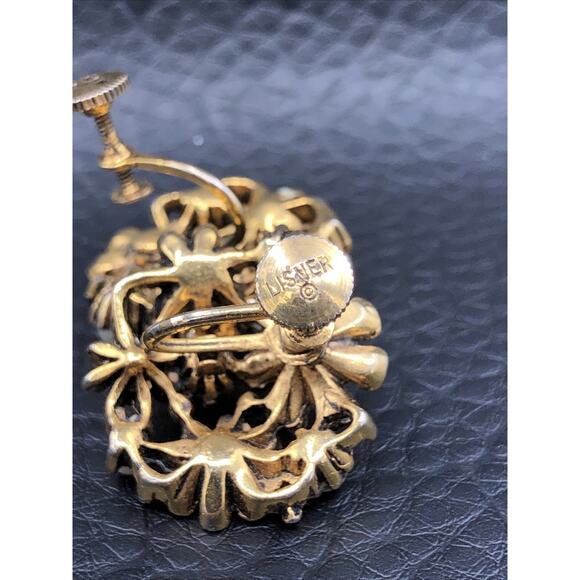 Vintage Lisner Earrings Screw Back Purple Rhinestone Faux Pearl Flower Gold Tone - Picture 5 of 8